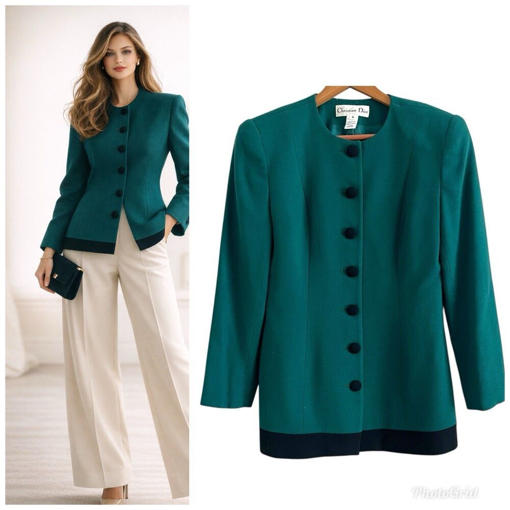 Christian Dior Vintage Wool Blazer Jacket Sz 4 Green Old Money Classic Heritage